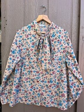 Vtg Sears Beige Floral Tie-Neck Long Sleeve Blouse Size 2X PTP 24 1/2